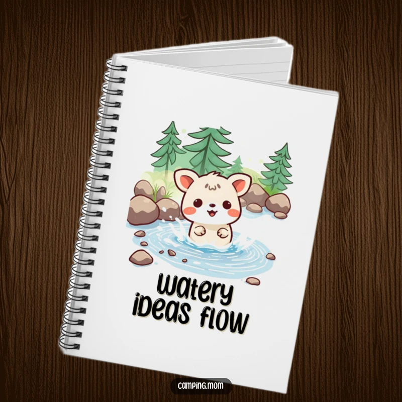 Funny notebook with a kawaii camping animal joyfully splashing in a tiny stream, perfect for journaling fun.