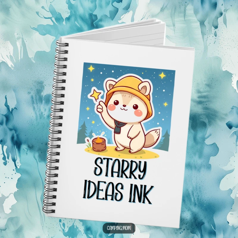 Funny notebook with a kawaii camping animal pointing at a starry night sky, encouraging creativity and exploration.