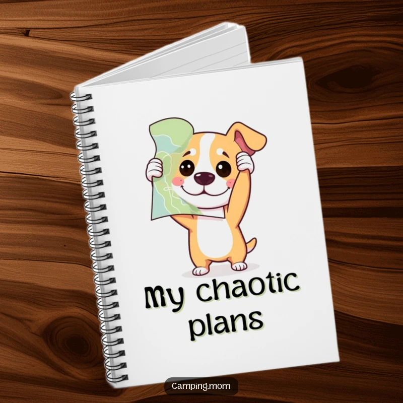 Funny dog holding a map upside down with playful confusion, on the cover of a humorous notebook.