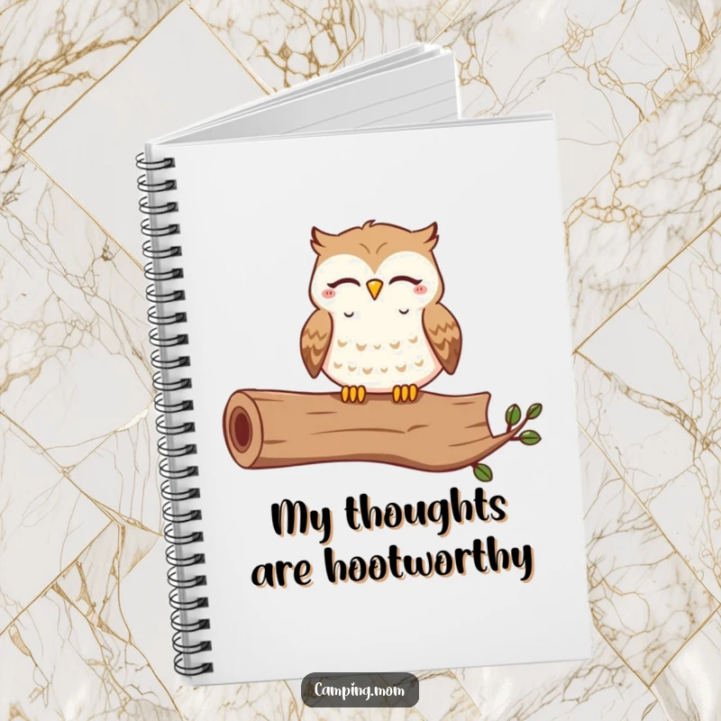 Funny notebook with a contented owl hooting happily with closed eyes on a log, for jotting down thoughts and dreams.