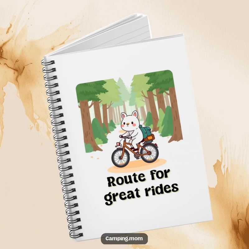 Funny camping animal notebook cover, playfully riding a bicycle down a forest path, inspiring outdoor adventures and creative thoughts.
