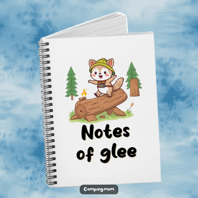 Funny camping animal character gleefully skipping over a log, on the cover of a fun notebook.
