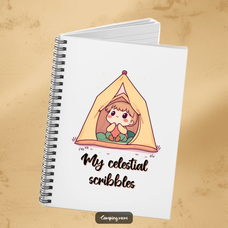 Funny notebook with a cute camping character in a tent, observing a breathtaking, star-filled night sky with fascination.