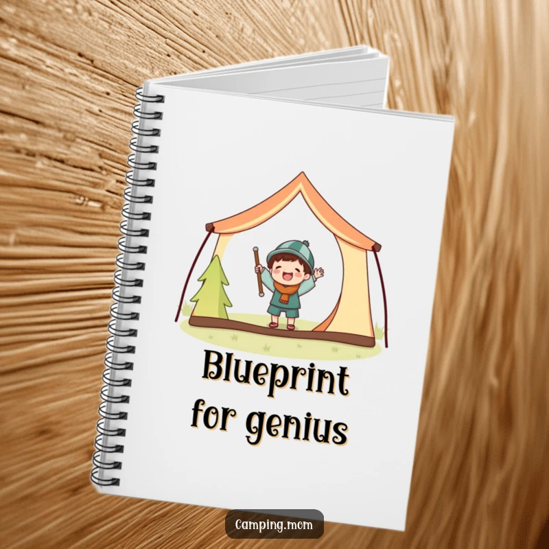 Funny notebook featuring a joyful camping character hilariously setting up a tent with comically oversized poles.