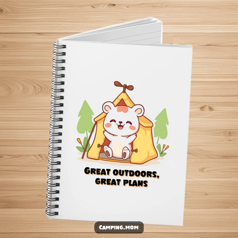 Funny animal notebook with a happy character enthusiastically setting up a small tent, great for jotting down funny thoughts.