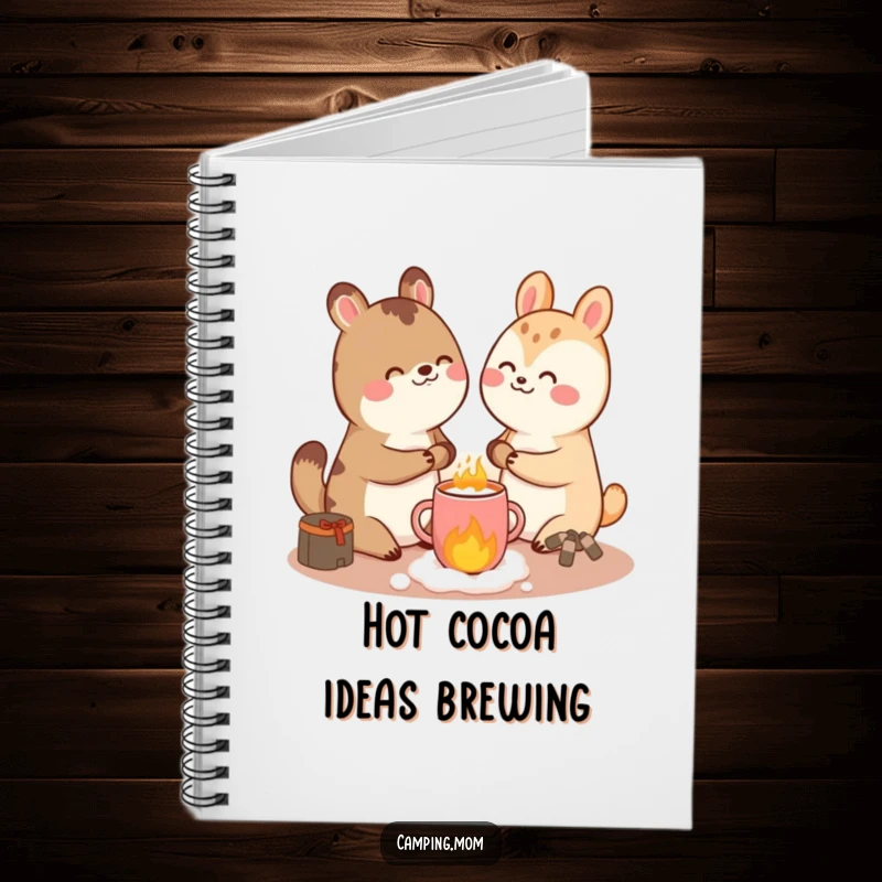 Funny giggling animal character enjoying hot cocoa, featured on the cover of a notebook, inspiring cozy and funny notes.
