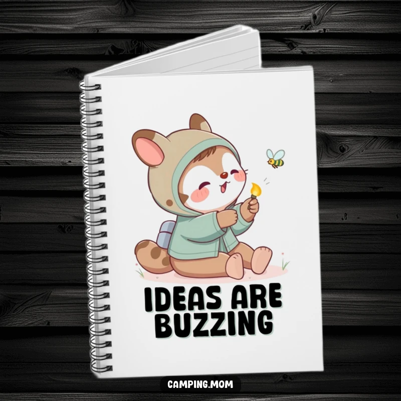 Funny camping mom animal playfully swatting at a firefly, ideal for journaling magical and humorous moments.