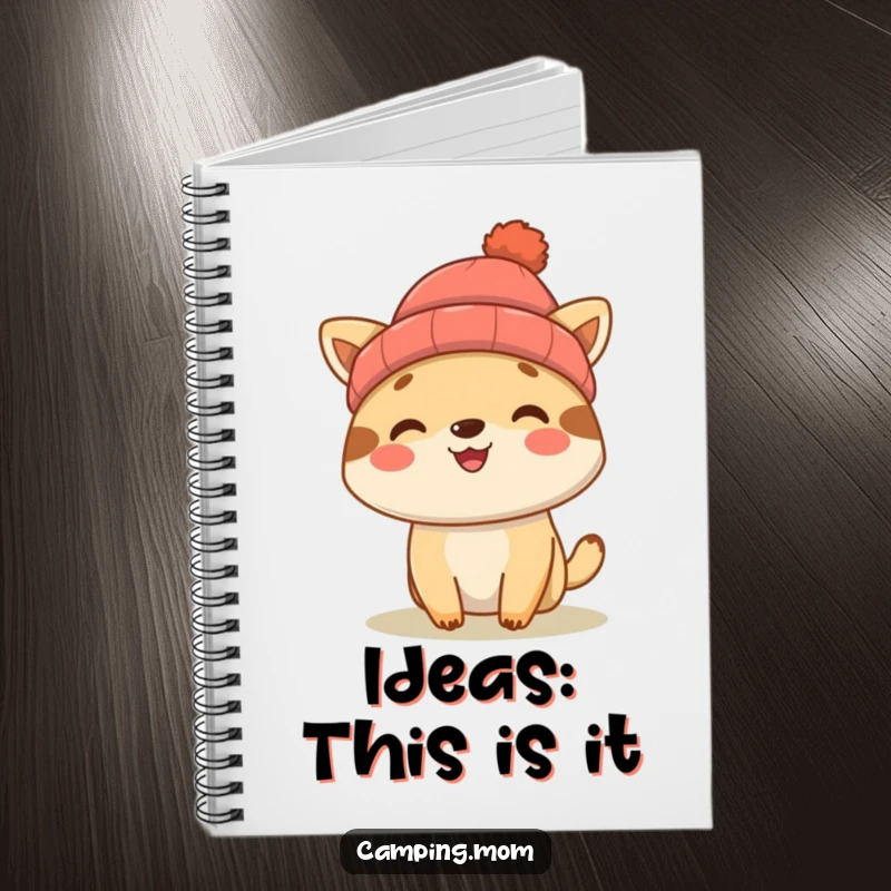 Funny camping animal character wearing a beanie and smiling, featured on the cover of a notebook.