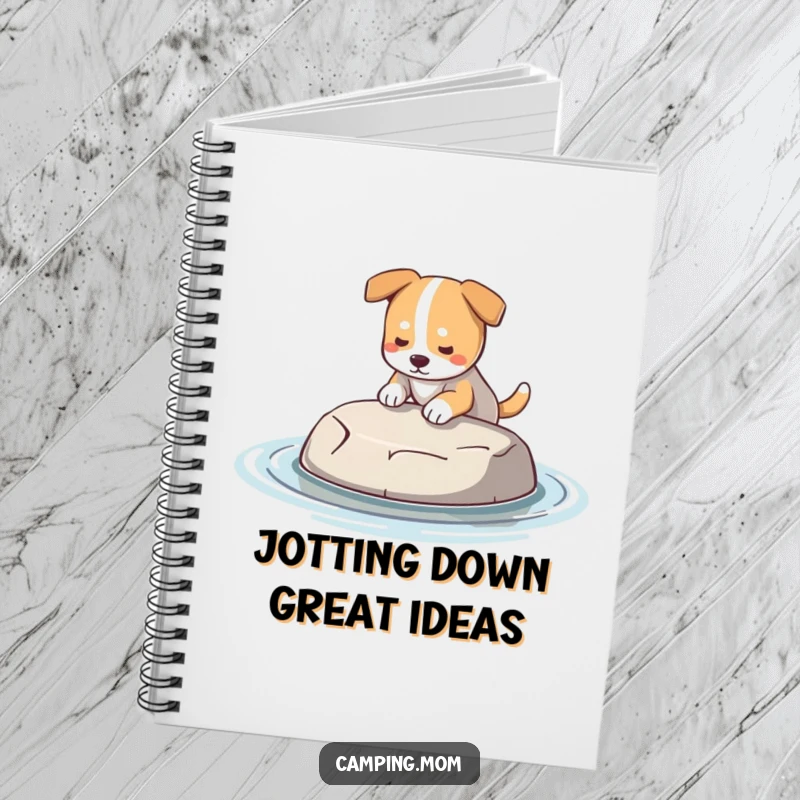 Funny Dog Notebook: A notebook cover featuring a dog holding a perfect, smooth skipping stone, ready for the water.