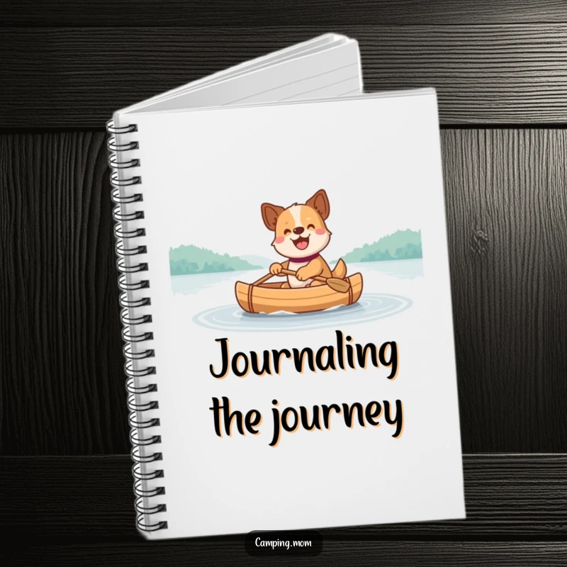 Funny Dog Notebook: A notebook cover featuring a happy dog paddling a small canoe across a calm, beautiful lake.