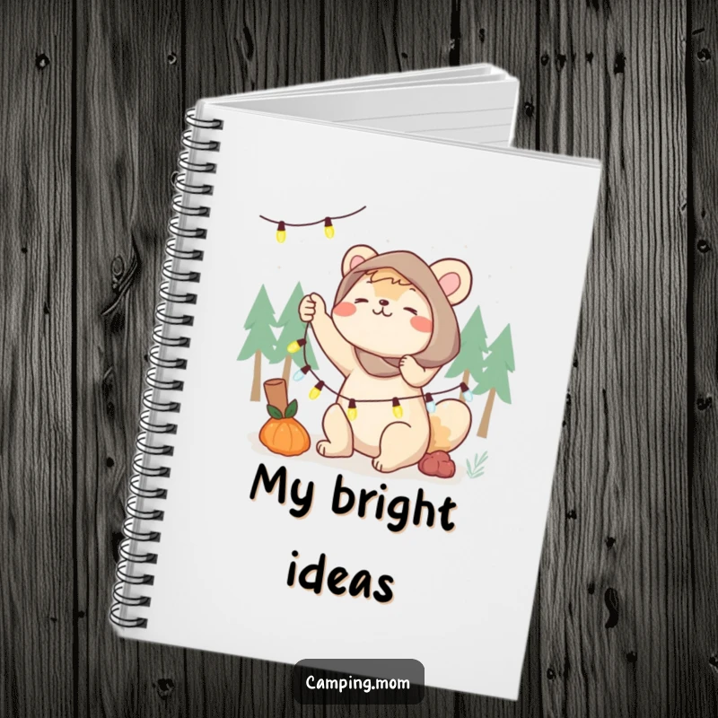 Funny camping mom notebook, an animal mom energetically setting up fairy lights, ideal for notes and to-do lists.