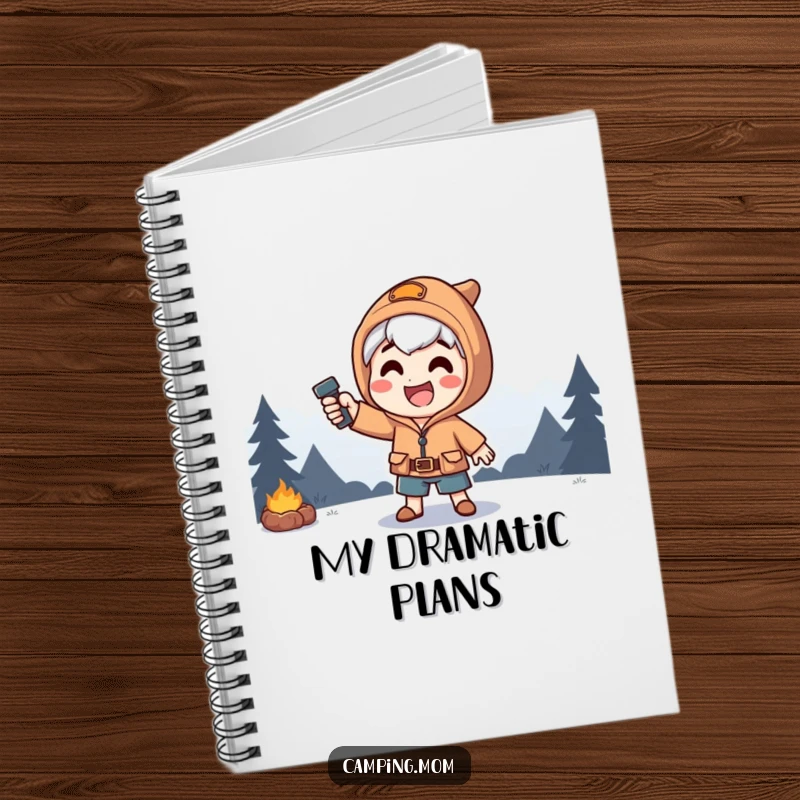 Funny notebook featuring a happy camping character in a dramatic pose, highlighted by a flashlight beam.