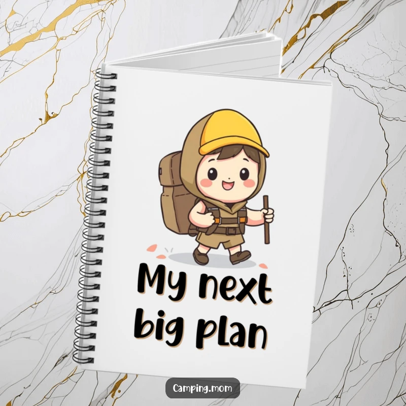 Funny Kawaii hiker notebook featuring a cheerful character with a backpack and a wide grin, perfect for notes.