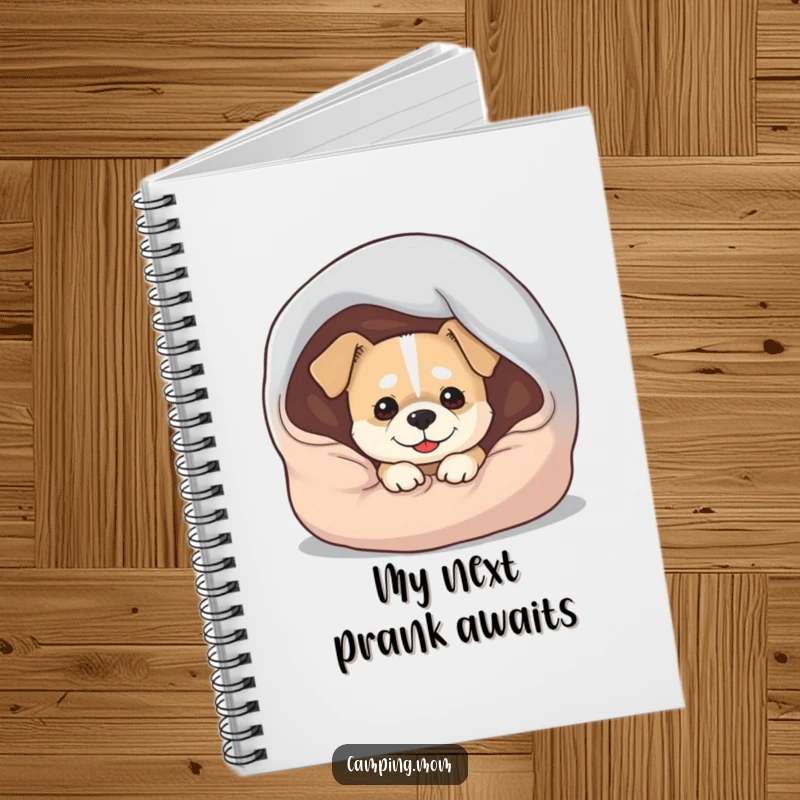 Funny Dog Notebook: A notebook cover featuring a dog with a mischievous grin peeking out from under a sleeping bag.