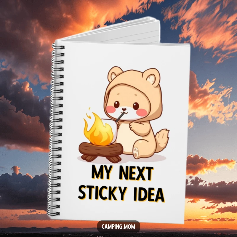 Funny camping mom notebook, featuring an animal mom roasting a perfectly golden marshmallow, perfect for notes and sketches.