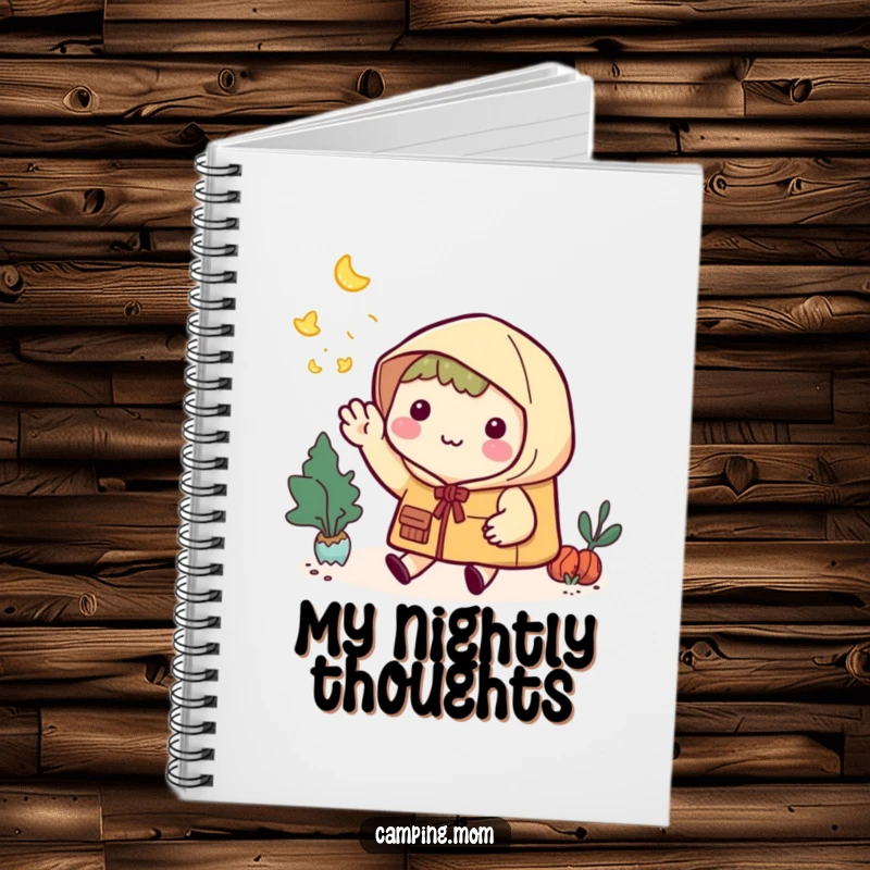 Funny Notebook: Kawaii camping character smiling, waving goodbye to twinkling fireflies at night.