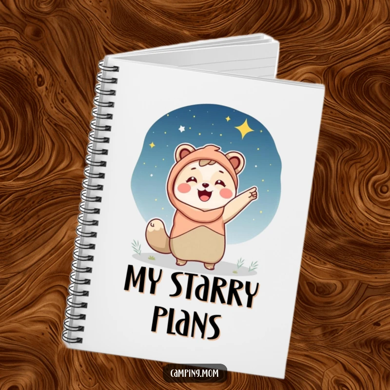 Funny camping mom notebook, an animal mom pointing happily at a starry night sky, ideal for journaling adventures.