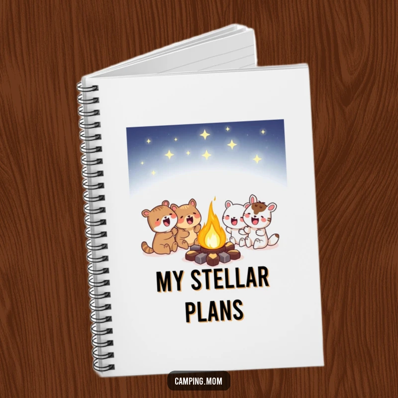 Funny campfire notebook showing animals huddled around a glowing fire under a starry sky, ideal for journaling starry night thoughts.