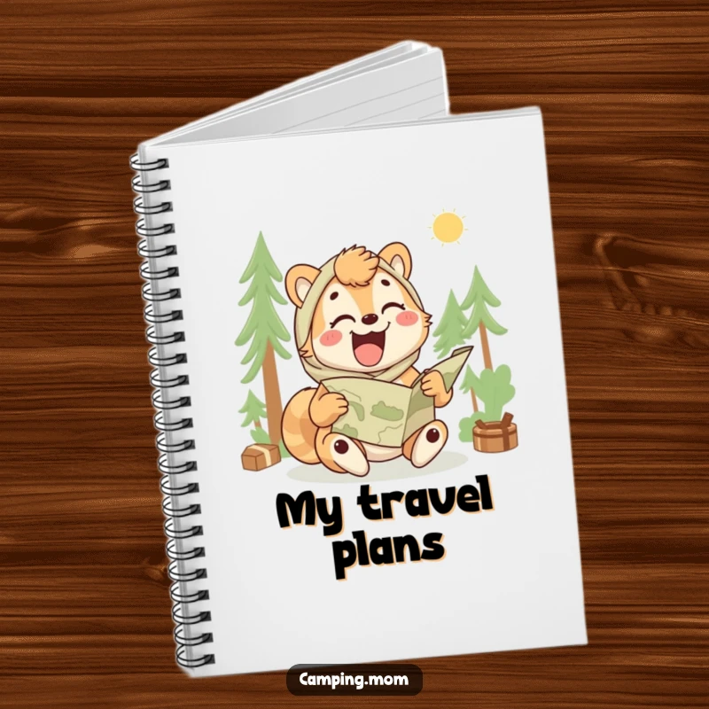 Funny camping mom notebook with an animal laughing while trying to unfold a map, adventure journaling.