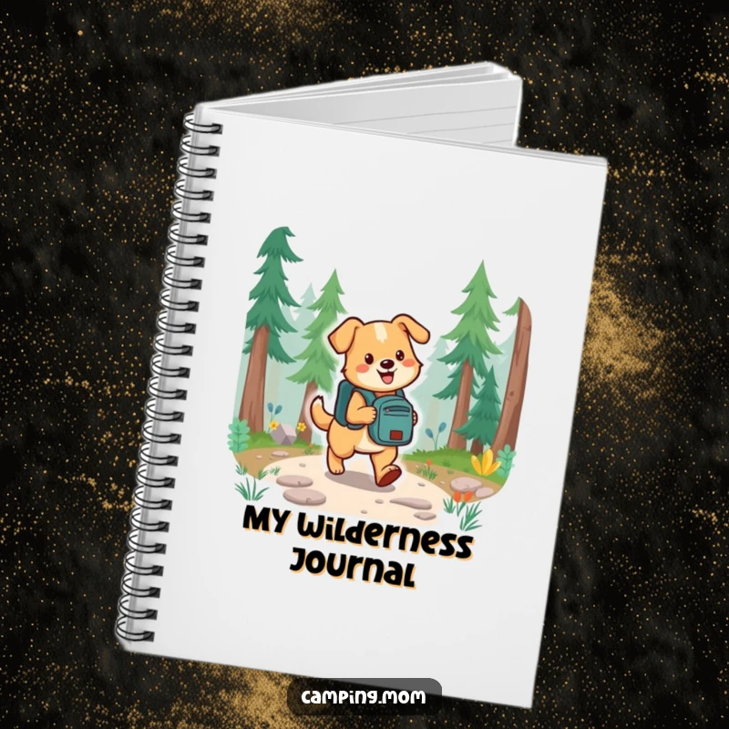 Funny dog wearing a backpack, happily embarking on a forest trail walk, on the cover of a lined notebook.