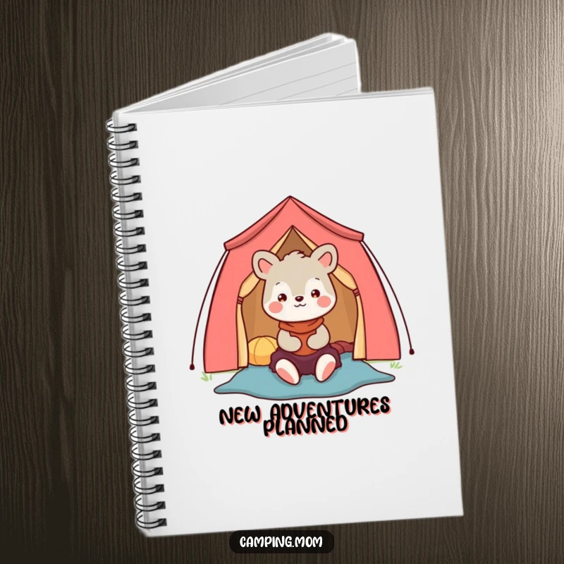 Funny camping mom animal character notebook featuring a happy mom setting up a colorful tent, ideal for journaling.
