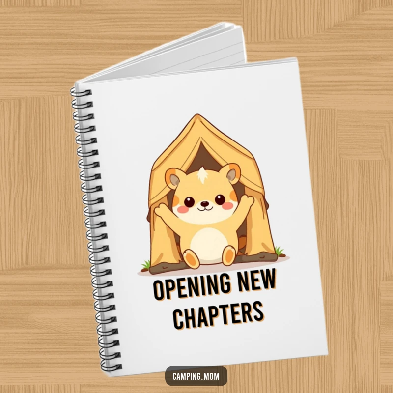 Funny camping animal character happily opening a tent flap, featured on the cover of a notebook for jotting down ideas.