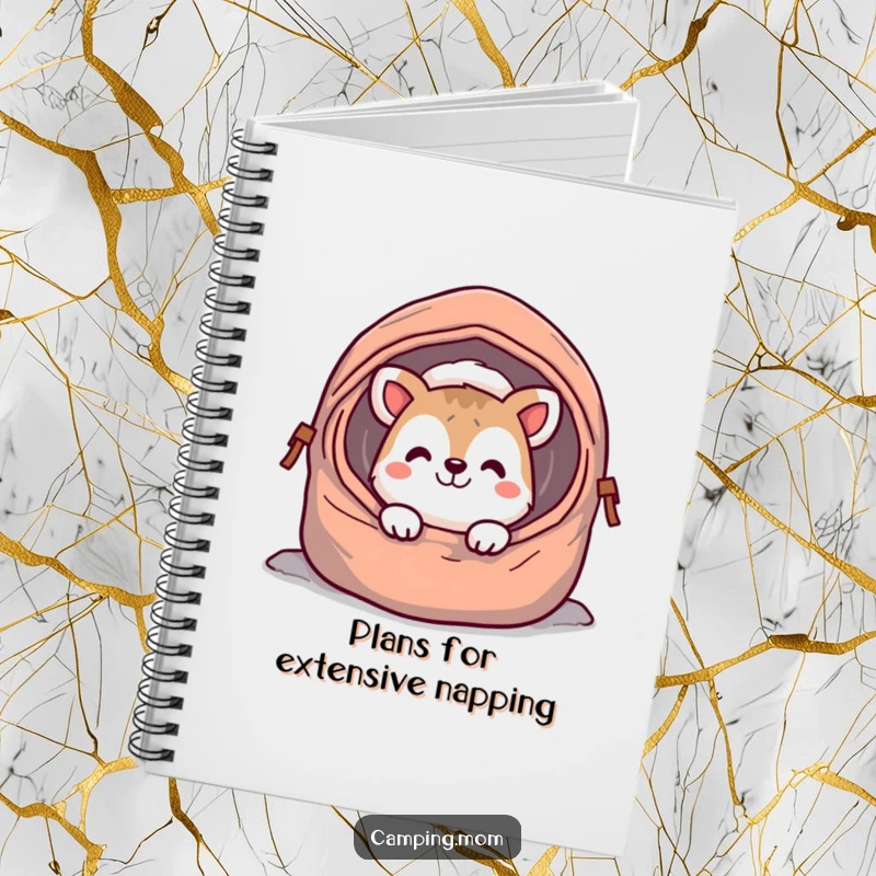 Funny camping animal notebook cover, peeking with a cheerful grin from a sleeping bag, inspiring cheerful thoughts and creativity.