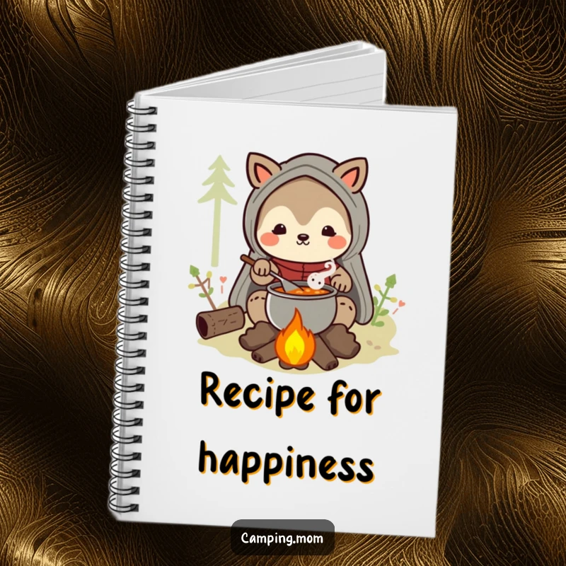 Funny camping mom animal character notebook featuring a happy mom stirring stew over a campfire, ideal for journaling.