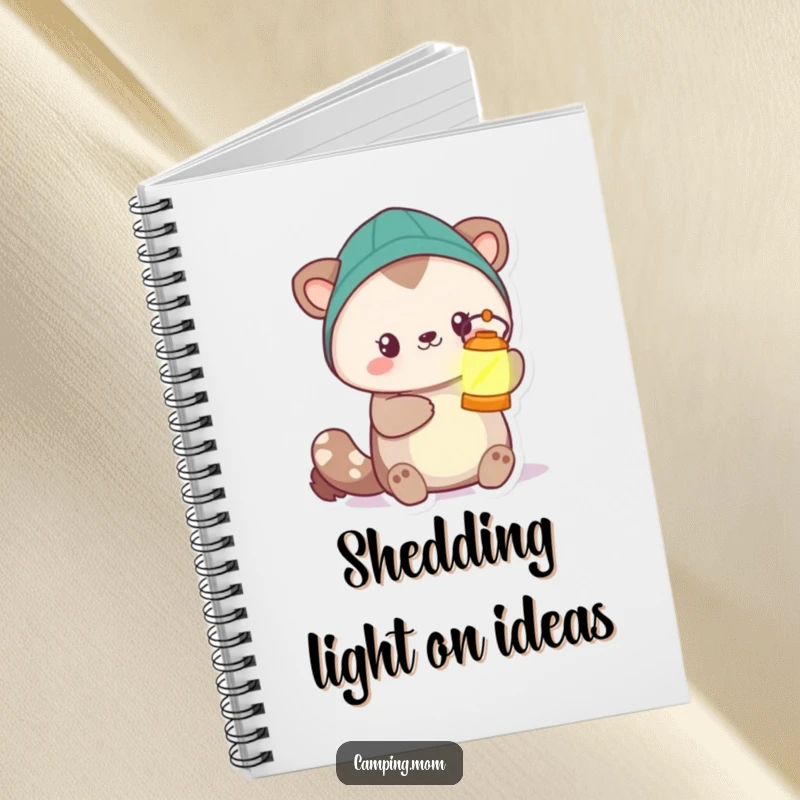 Funny camping animal character holding a glowing lantern, featured on the cover of a notebook for jotting down ideas.