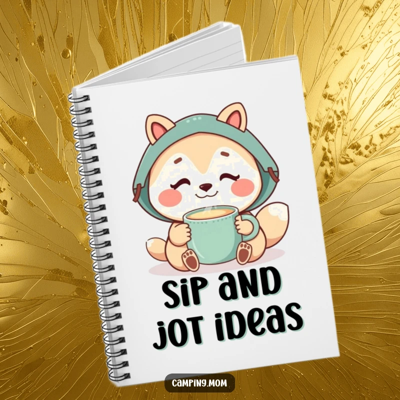 Funny camping mom animal enjoying a steaming mug, ideal for journaling peaceful and humorous moments.