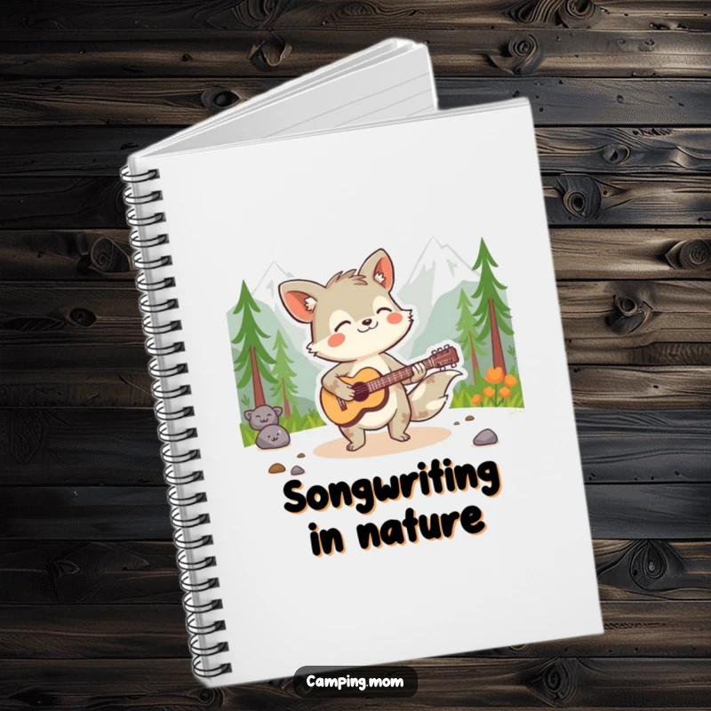 Funny animal character playing a guitar in the wilderness, featured on the cover of a notebook for inspiring creative entries.