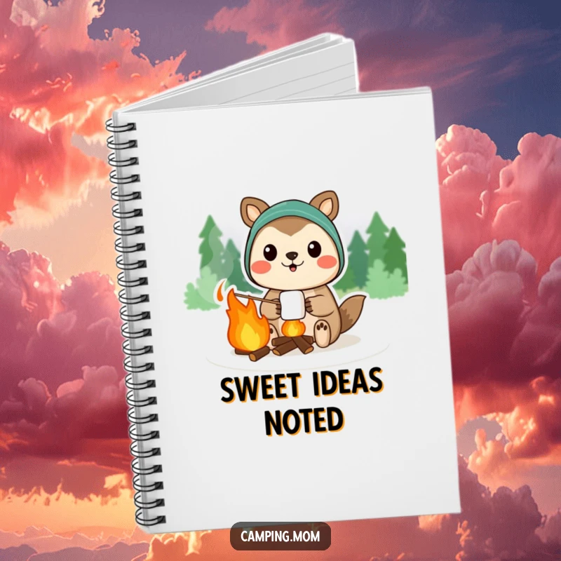 Funny camping animal character proudly displaying a campfire marshmallow, on the cover of a notebook.