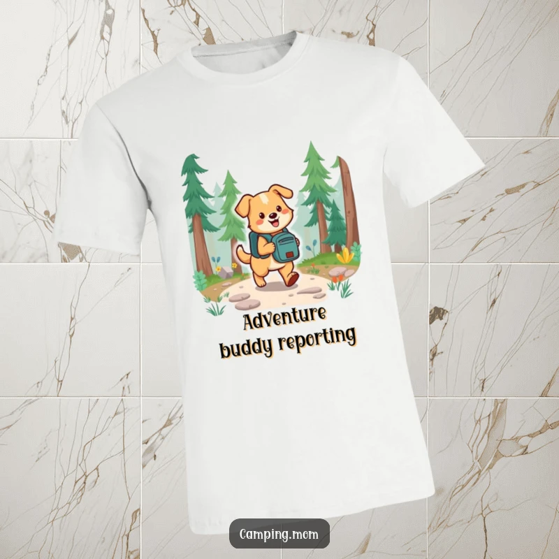 Funny dog wearing a backpack, happily walking on a vibrant forest trail, embodying outdoor adventure.