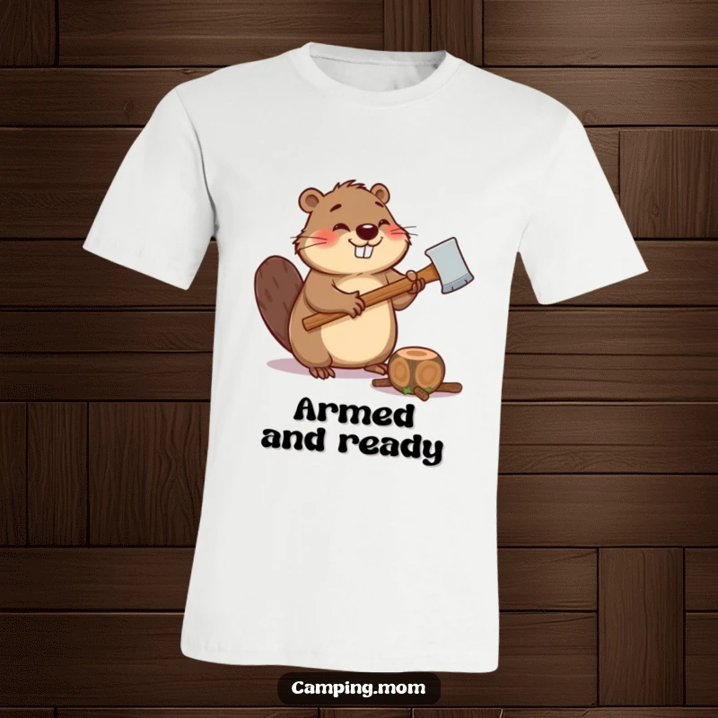 Funny t-shirt of a giggling beaver holding an axe, ready to chop a small log, exuding playful determination.