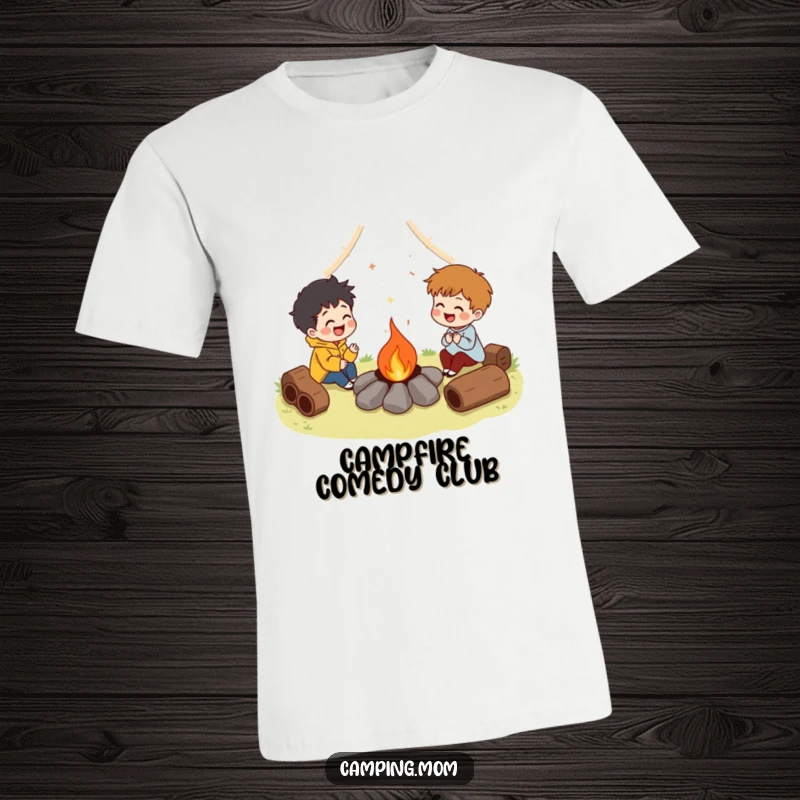 Funny t-shirt showing a character laughing around a campfire, embodying shared joy and humor. Ideal funny gift for outdoor enthusiasts.
