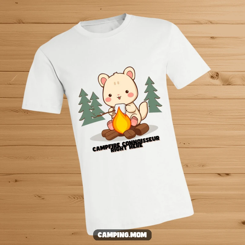 Funny camping animal t-shirt, joyfully roasting a marshmallow above a vibrant campfire, embodying pure outdoor bliss and humor.