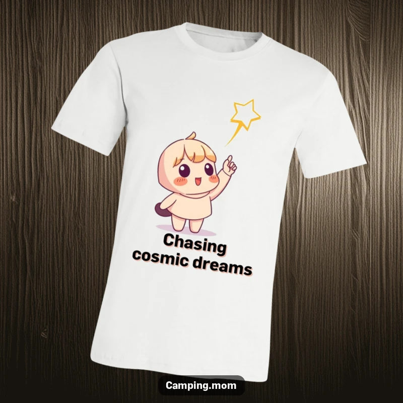 Funny t-shirt showing a character pointing up at a shooting star, embodying hope and wonder. Ideal funny gift for the optimistic.