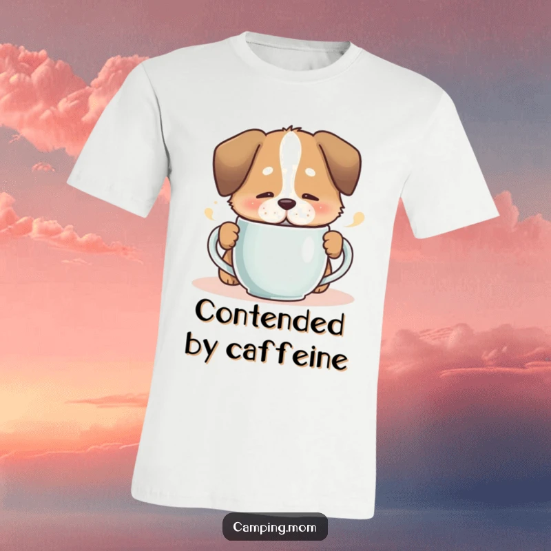 Funny dog enjoying a steaming mug with a contented sigh, printed on a soft, comfortable t-shirt.