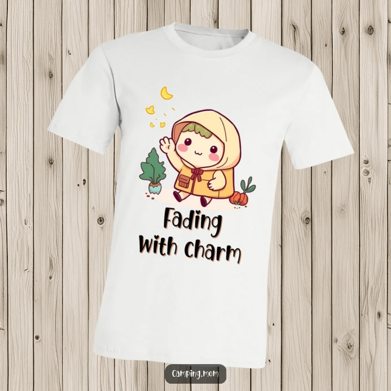Funny T-Shirt: Kawaii camping character with a smile waving goodbye to glowing fireflies at dusk.