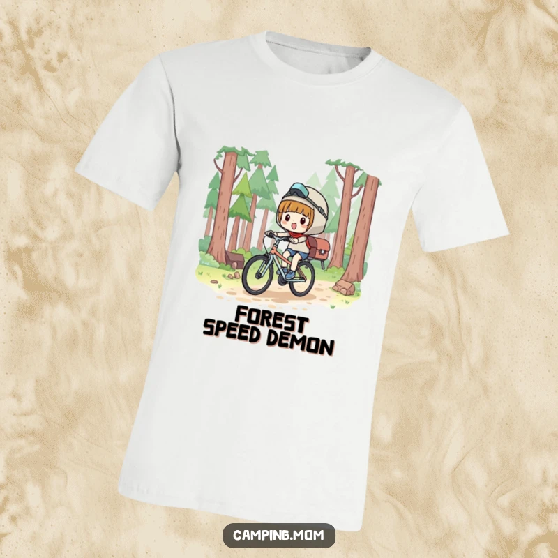 Funny T-Shirt: Kawaii camping character joyfully bicycling through a forest, wind in hair, pure glee.