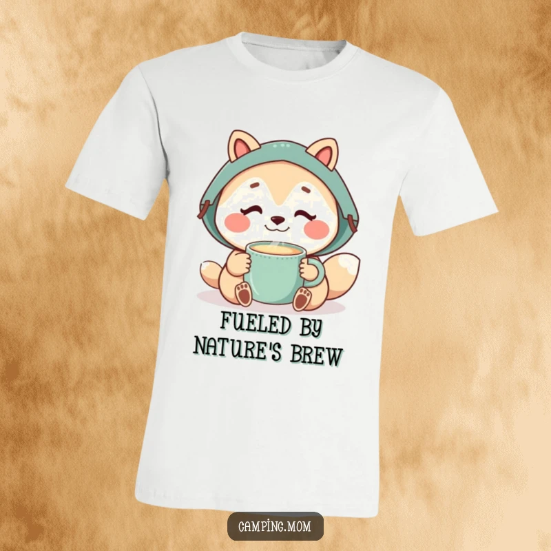 Funny camping mom animal holding a steaming mug, taking a sip, conveying warmth and peaceful outdoor enjoyment.