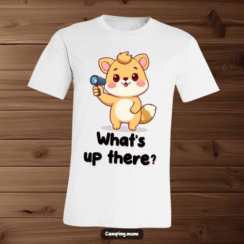 Funny animal t-shirt showing a playful character holding a flashlight and pointing it upwards, ready for adventure.