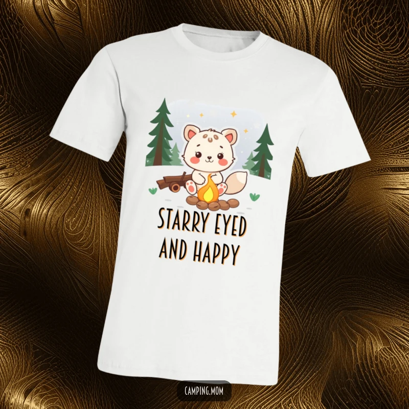 Funny animal t-shirt showing a joyful character sitting by a campfire, gazing upwards at a starry night sky.