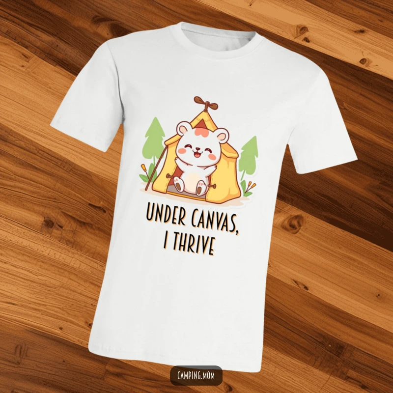 Funny animal t-shirt with a character happily and enthusiastically setting up a small tent, ideal for outdoor adventures.