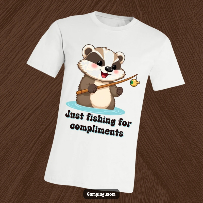 Funny t-shirt of a happy badger with a fishing rod, looking forward to a catch, expressing joyful fishing anticipation.