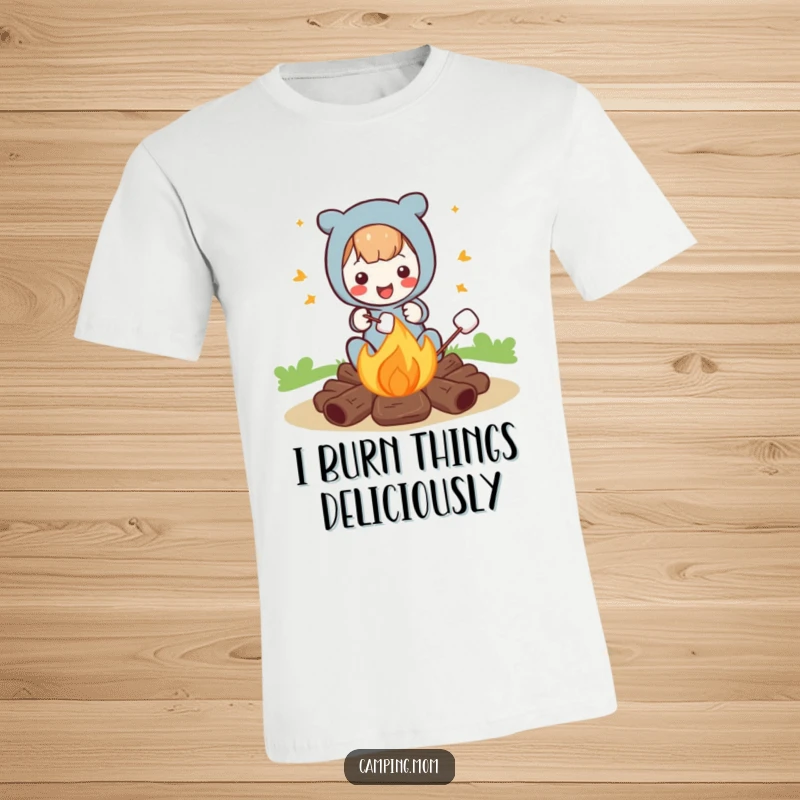 Funny t-shirt of a cheerful character toasting marshmallows over a crackling campfire, capturing the essence of outdoor enjoyment humorously.
