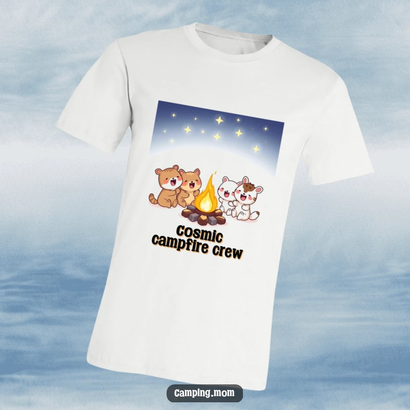 Funny campfire t-shirt with animals excitedly gathered around a glowing campfire under a starry sky, perfect for cozy nights.