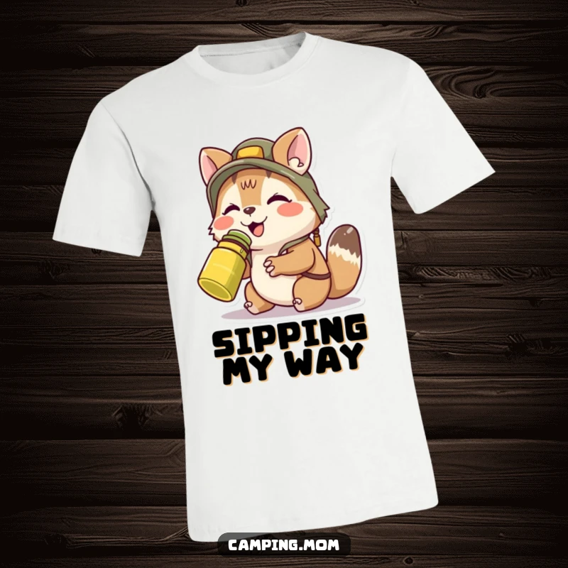 Funny camping animal character blissfully sipping from a canteen, looking refreshed and happy, printed on a comfortable t-shirt.