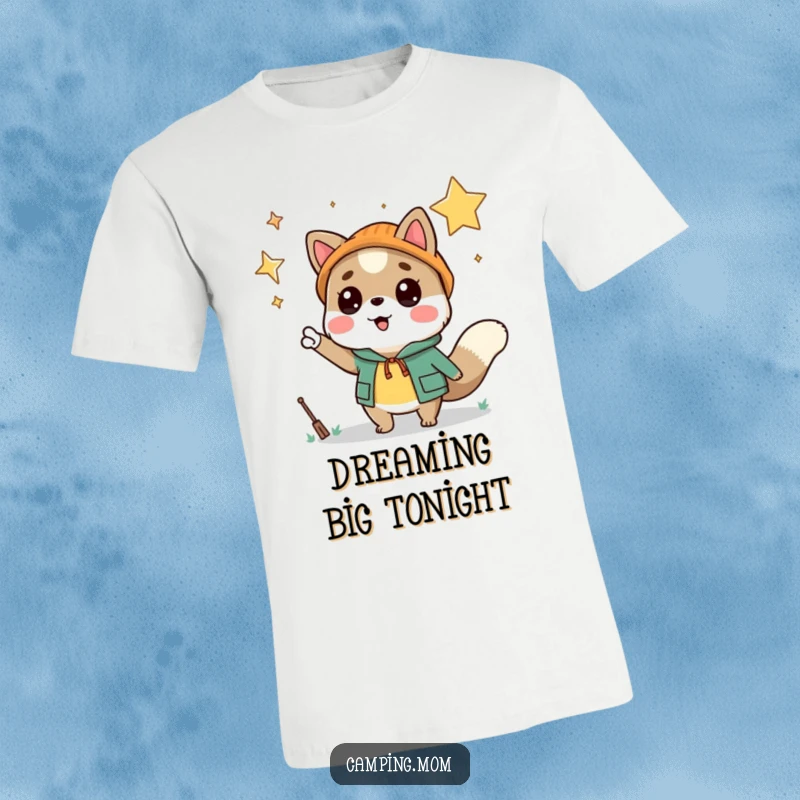 Funny camping animal character pointing energetically at a vast, star-filled night sky, looking amazed and delighted, printed on a t-shirt.