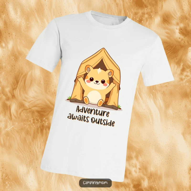 Funny camping animal character enthusiastically waving open a tent flap, inviting viewers to join the outdoor fun with a cheerful expression.